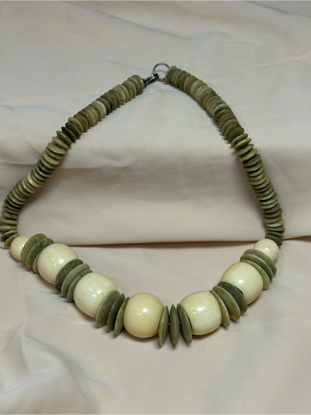 Vintage chunky necklace  Olive Green Disc & Cream Beads Boho Artisan Style
